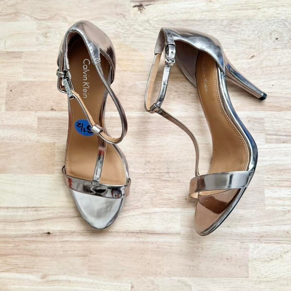 Calvin Klein Mirror Metallic Heel Silver Size 6.5 t strap peep toe pump stiletto